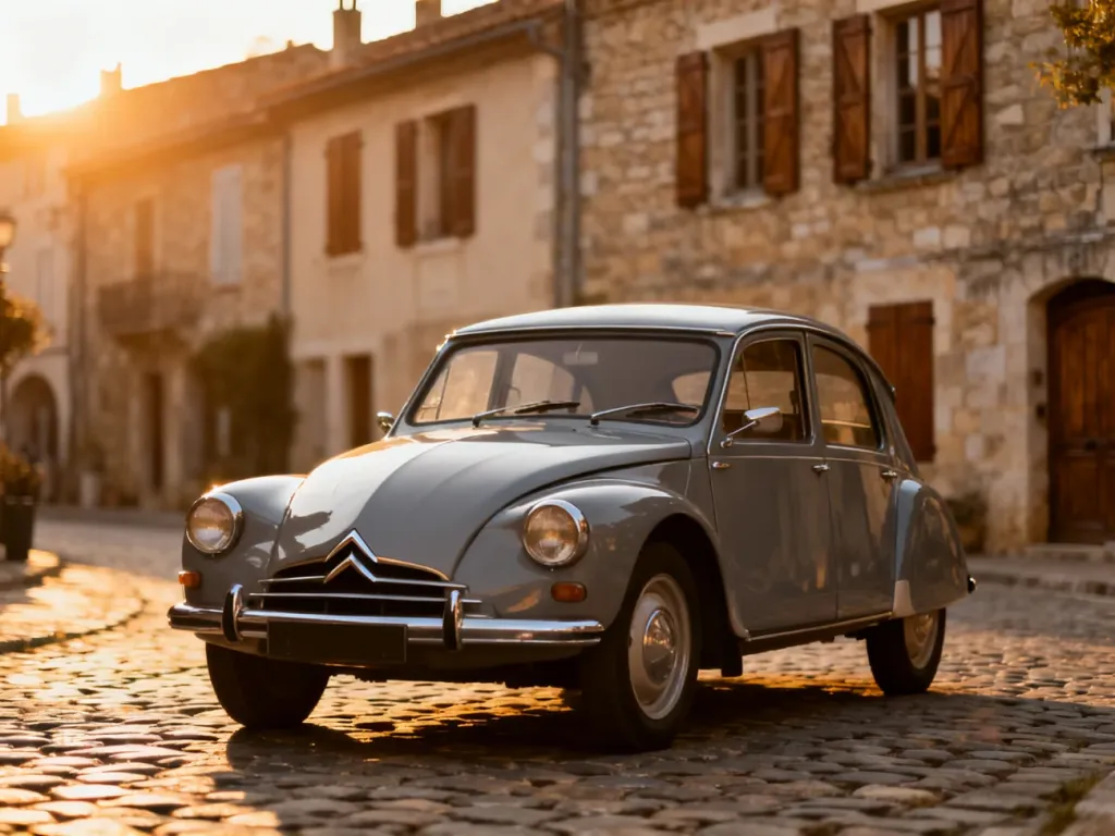 Klasyczny model Citroëna zaparkowany na brukowanej uliczce francuskiego miasteczka w świetle zachodzącego słońca.