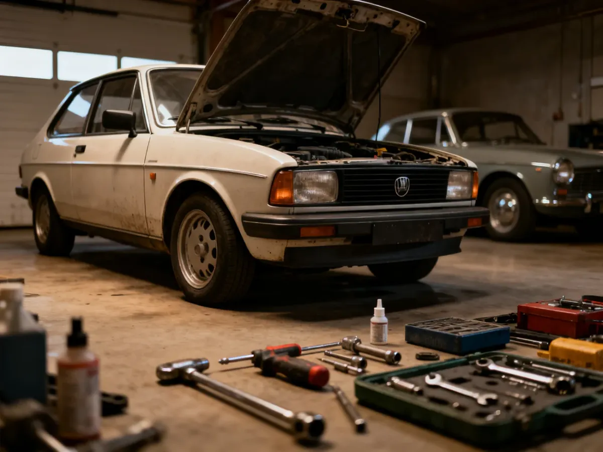 Zadbany youngtimer oglądany w garażu przed zakupem