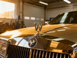 Wypolerowany czerwony klasyk amerykańskiej motoryzacji zaparkowany w porcie przeładunkowym podczas zachodu słońca.