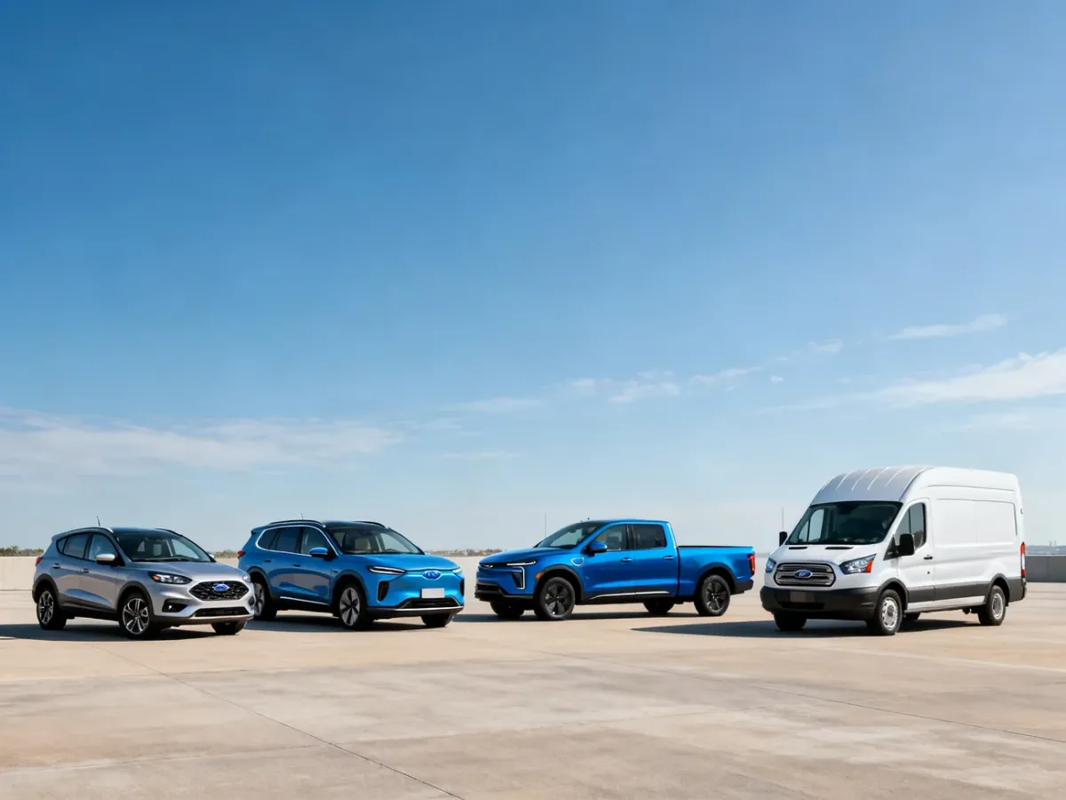 Współczesna gama samochodów Ford obejmująca SUV-y, auto elektryczne, pick-up i vana