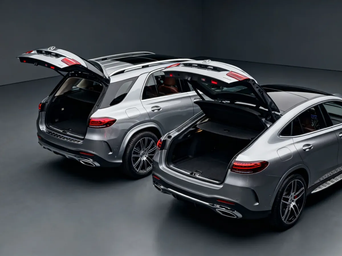 Mercedes GLE SUV i Coupé z otwartymi bagażnikami, ukazujące różnice w przestrzeni ładunkowej