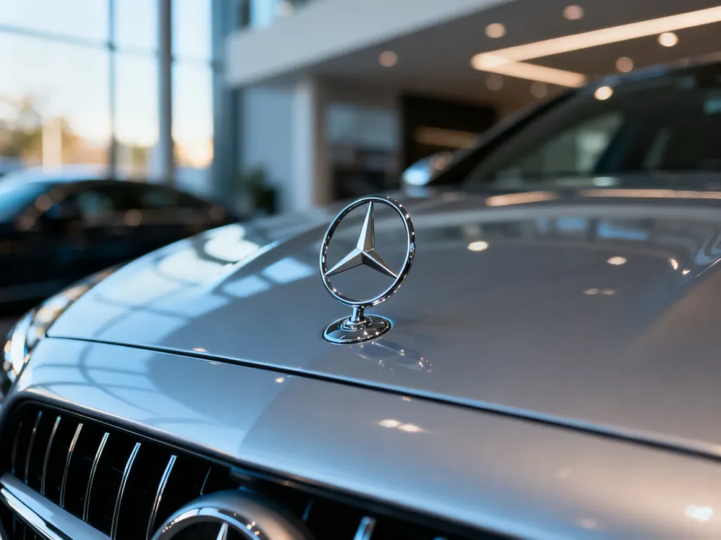 Emblemat z trójramienną gwiazdą na masce nowoczesnego Mercedesa w luksusowym salonie samochodowym.