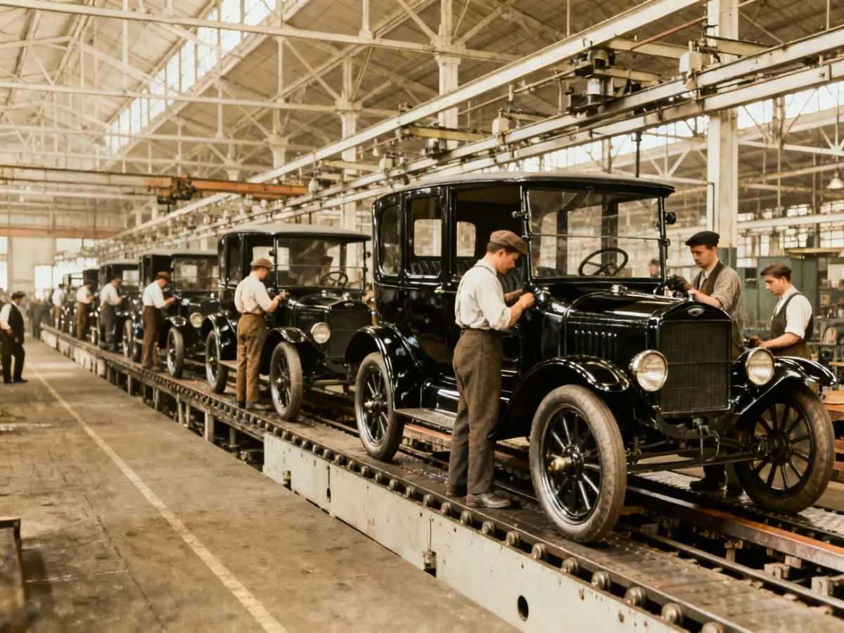 Ruchoma taśma produkcyjna z samochodami Ford Model T w historycznej fabryce