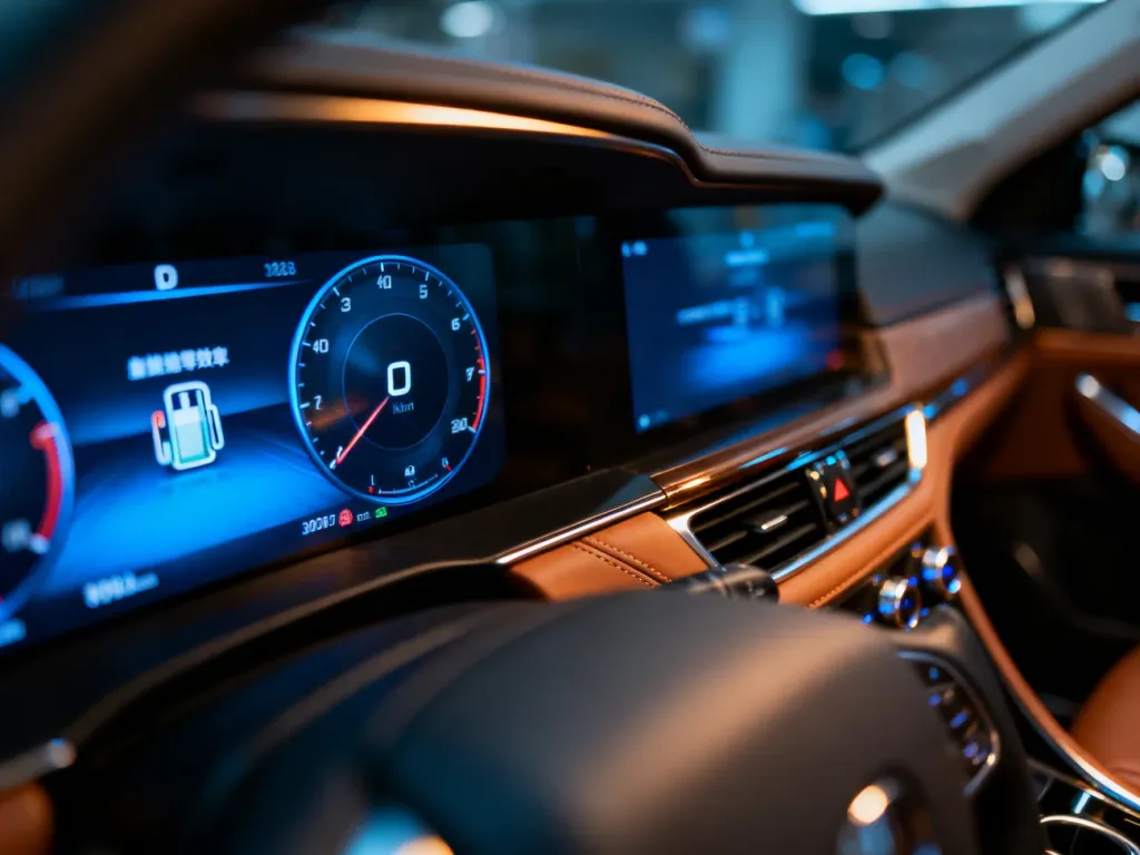 Cyfrowy wyświetlacz zużycia paliwa na desce rozdzielczej luksusowego Audi Q7 w nowoczesnym wnętrzu.