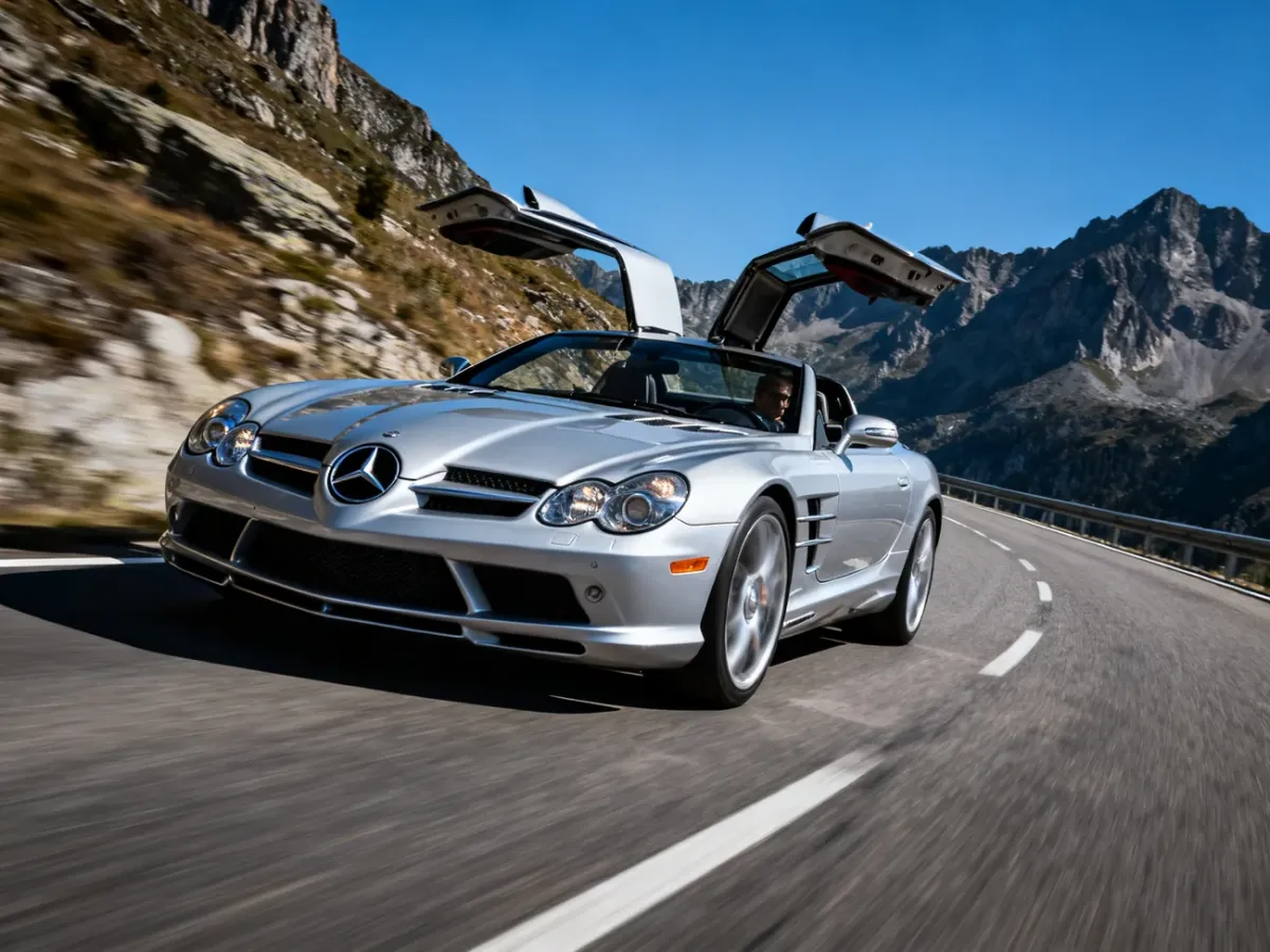 Srebrny Mercedes SLR McLaren Roadster na krętej górskiej drodze