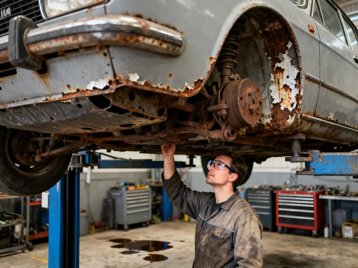 Mechanik oglądający podwozie starszego samochodu na podnośniku