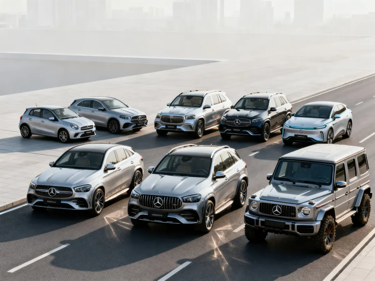 Różne modele SUV-ów Mercedes na miejskiej drodze
