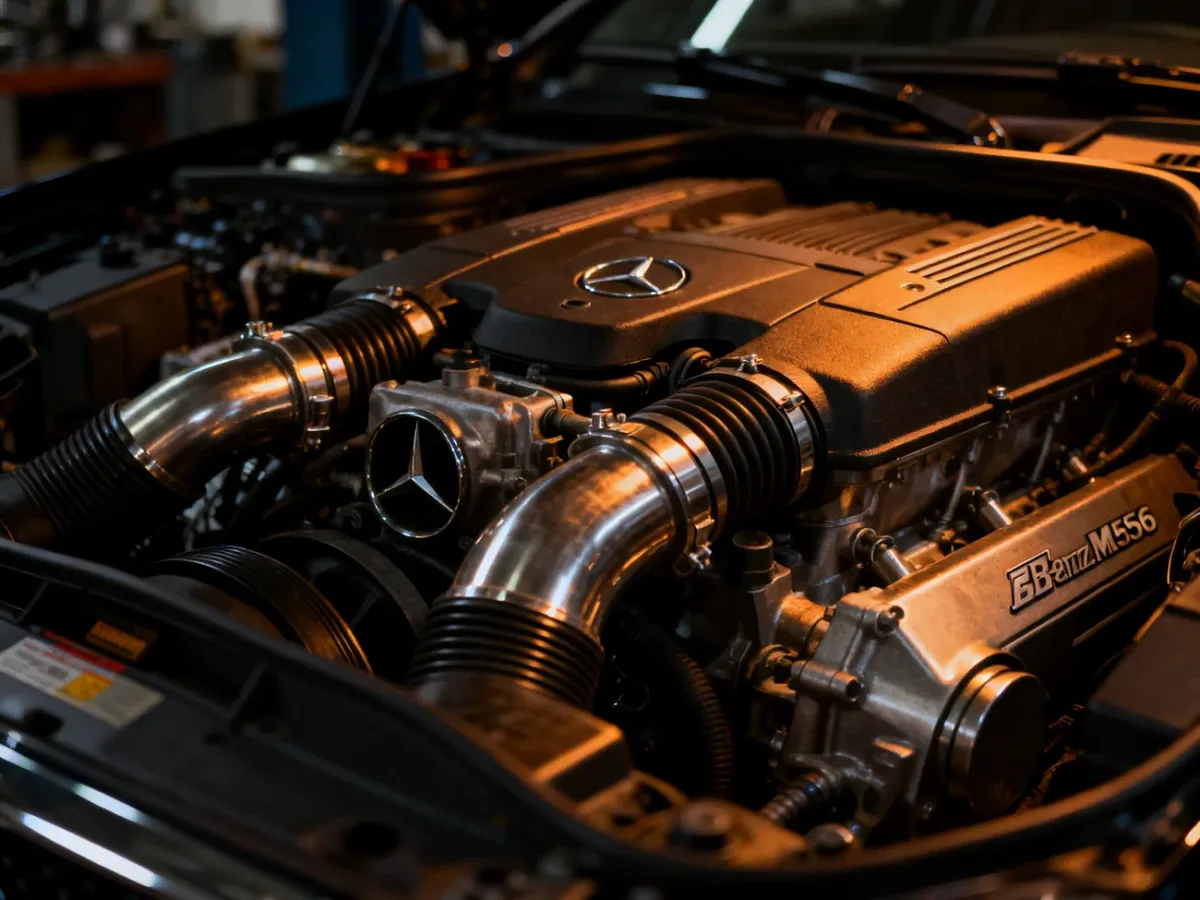 Zbliżenie na wolnossący silnik V8 AMG M156 w komorze silnika
