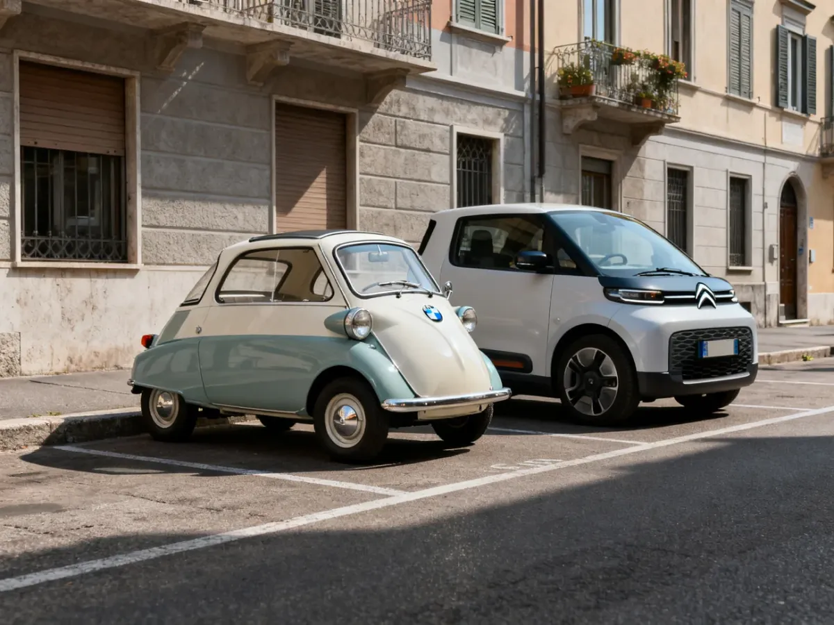 Peel P50, BMW Isetta i Citroën Ami zaparkowane razem na miejskiej ulicy