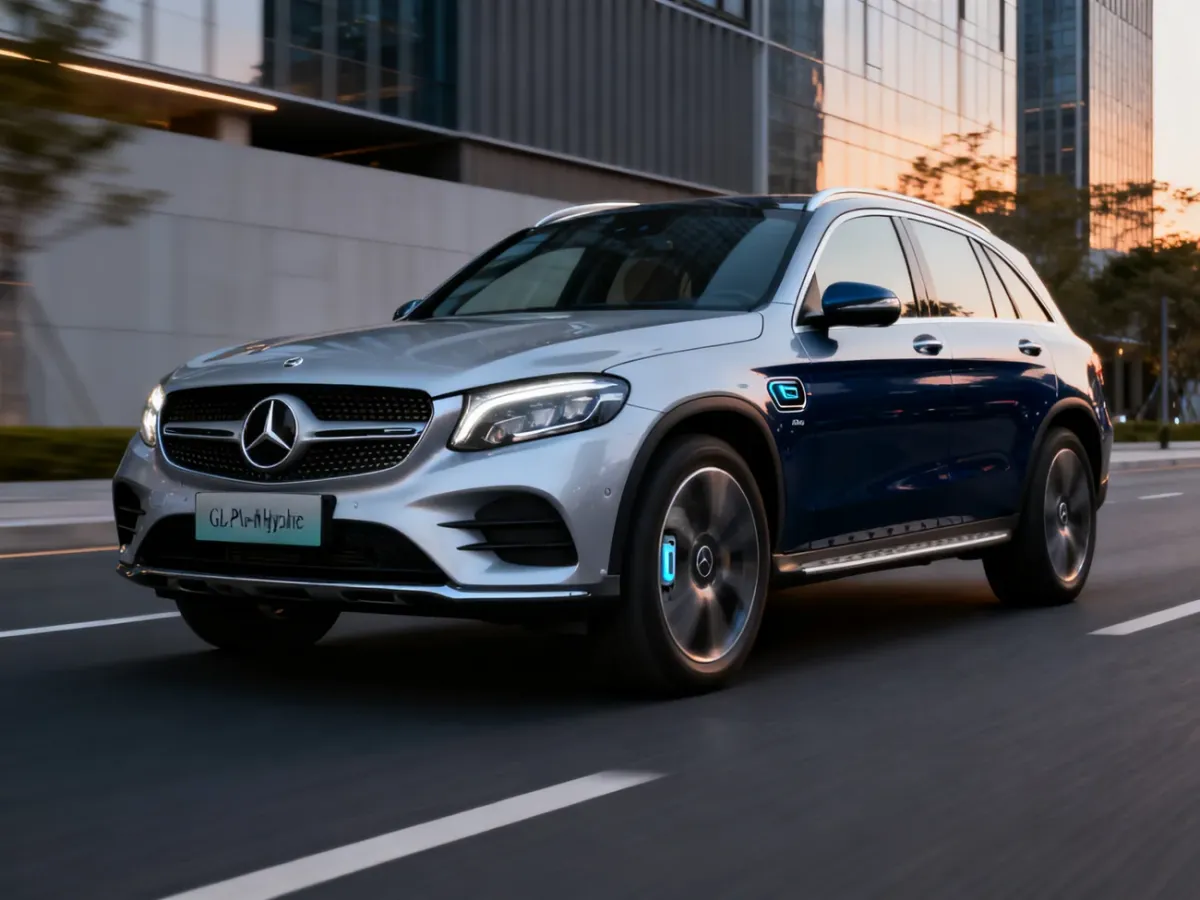 Mercedes GLC plug-in hybrid SUV jadący po miejskiej drodze