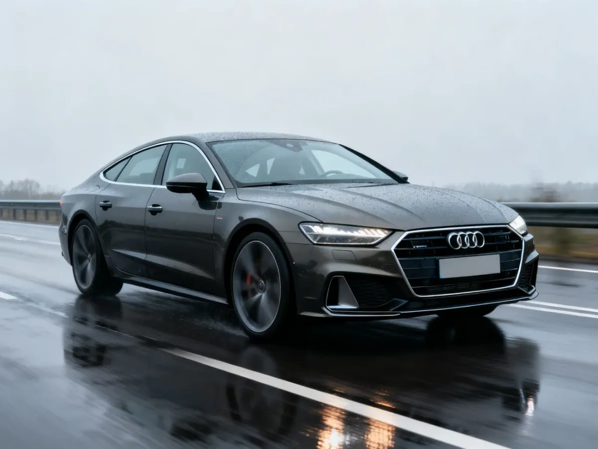 Audi A7 Sportback 4K8 jadące po mokrej autostradzie