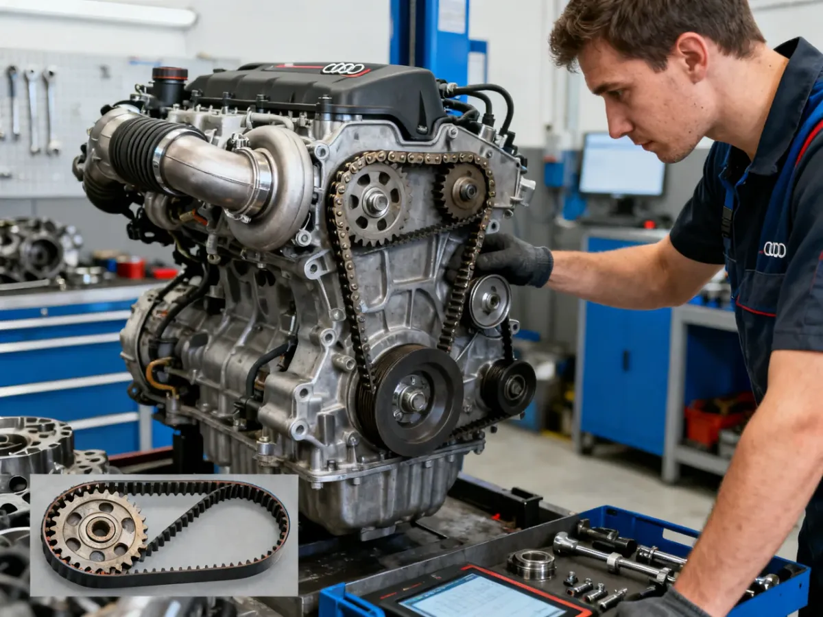 Mechanik sprawdzający silnik Audi TT i elementy jego rozrządu