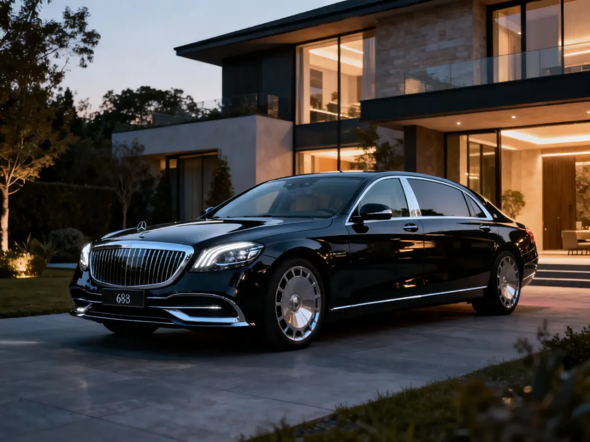 Mercedes-Maybach S 680 przed elegancką rezydencją