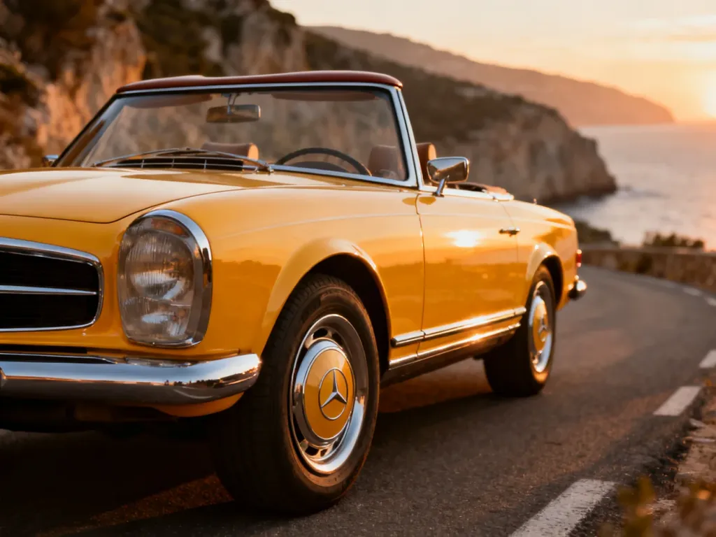 Klasyczny Mercedes W113 Pagoda zaparkowany na malowniczej nadmorskiej drodze podczas zachodu słońca.
